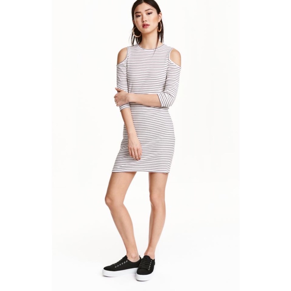 Rib-Knit Striped Cold Shoulder Dress | Size 8